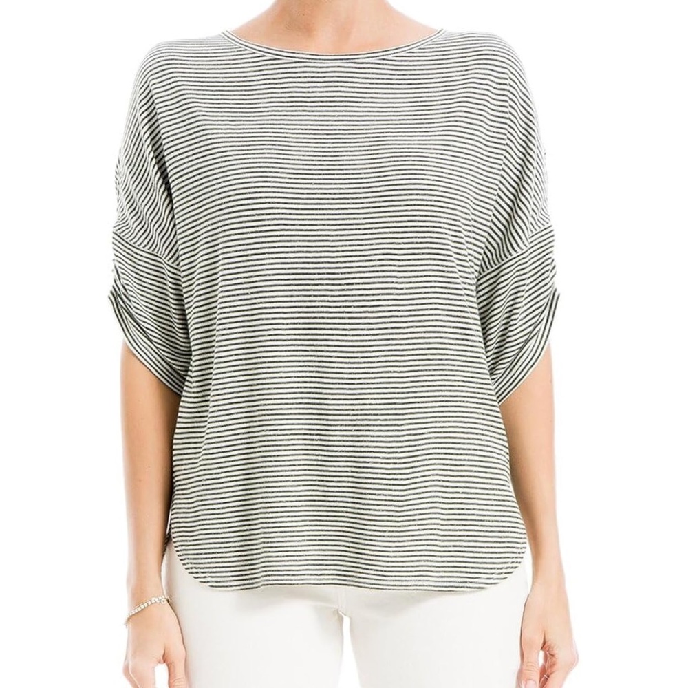 NWT Max Studio Linen-Blend Crinkle Stripe Knit Cinched Sleeve Top - Picture 1 of 4